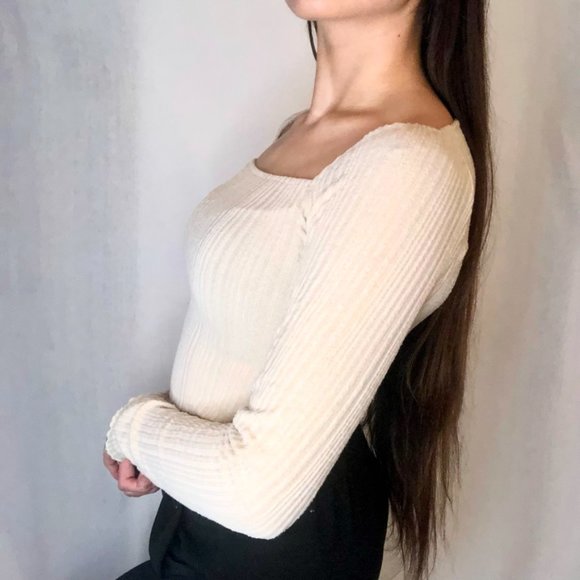 Straight Neckline Ribbed Cozy Cream Long Sleeve Shirt - Picture 6 of 8